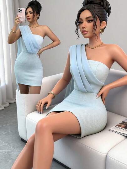 Elenzga Women's Elegant Romantic Textured One-Shoulder Bodycon Dress, Summer