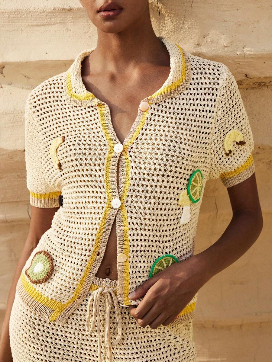 Maija Women's Fruit Motif Hollow Out Short Sleeve Knit Cardigan - Multicolor - View 1