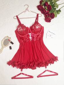 Bộ đồ lót lưới thêu 3 món cỡ lớn - Đỏ - Xem 3