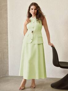 MOTF PREMIUM PLUS SIZE ELEGANT BELTED OFFICE WEAR SUIT DRESS - Mint Green - View 6