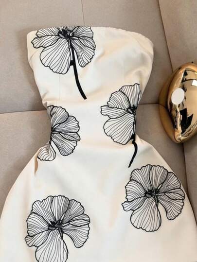 Resyla Đầm ngắn cúp ngực thanh lịch, in hoa, xếp ly eo dành cho nữ, thích hợp cho các buổi hẹn hò và tiệc tùng.