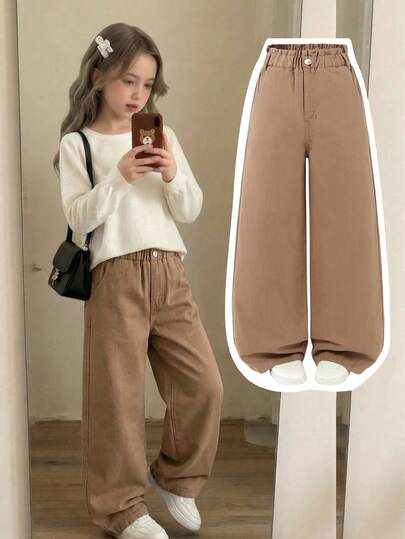 Jeans anchos de pierna ancha de ajuste holgado y estilo retro para niñas, de denim caqui marrón, con cintura elástica, silueta relajada, cómodos para el uso diario, adecuados para la escuela, el transporte, el estilo del campus, actividades al aire libre, todas las estaciones, versátiles y minimalistas