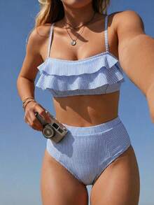 Swim Mod 女士夏季沙滩条纹荷叶边比基尼套装 - 藍白色 - 查看 1