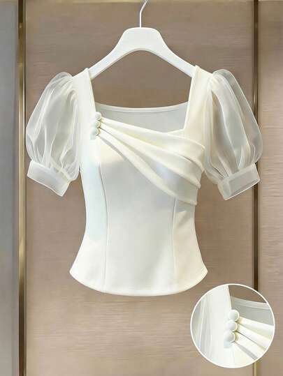 GlowEve CURVE Women's Summer French Square Collar Petal Sleeve Button Decor Waist Blouse, Flattering For Dates And Commute, Sweet And Elegant T-Shirt Blouse For Women Elegant Classy Women's Short Sleeve Tops Elegant Top For Woman Working Blouse