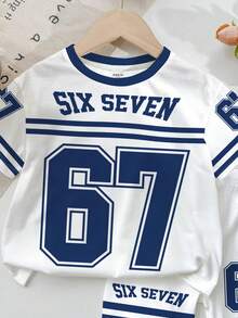 SHEIN 两件套少女休闲简约短袖紧身骑行短裤，适合夏季穿着，经典运动风格，印有数字 6、7 和文字“六”、“七”图案。 - 彩色 - 查看 5