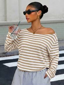 Muchica Women's Spring/Summer New Striped Loose Off-Shoulder Long Sleeve Cropped T-Shirt - Khaki - View 3