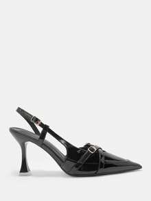 CUCCOO CURVES 女鞋 女士尖头黑色漆皮搭扣设计日常百搭时尚宽楦高跟鞋 - 黑色 - 查看 2