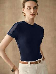 Arave 女士串珠圆领拼接网纱镂空修身休闲派对约会度假短袖T恤 - 藍色 - 查看 5