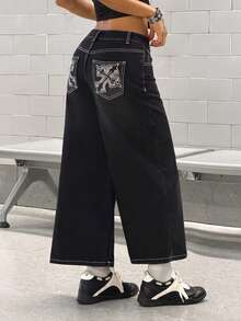 StreetHx 女士时尚复古直筒宽松牛仔裤，带腰带环 - 黑色 - 查看 2