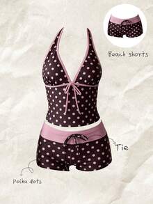 Elavelle 女士高腰蝴蝶结印花比基尼泳裤，春夏款 - 彩色 - 查看 1