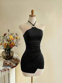 Elamini Women's Metal Ring Decor Halter Mini Dress - Black - View 9