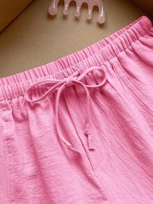 Comfortcana Pantalones cortos de mujer casuales y sueltos con cordón, pantalones cortos de lino versátiles para uso diario en color rosa rojo - Rosa Fucsia - Ver 8