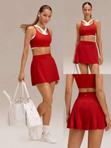 GLOWMODE Falda de entrenamiento con control de abdomen, cintura alta y volantes en forma de V, con pantalones cortos incorporados, de 4.5 pulgadas, cómoda, elástica y de 360°, para tenis, golf y uso diario en primavera y otoño, de secado rápido - Rojo - Ver 9
