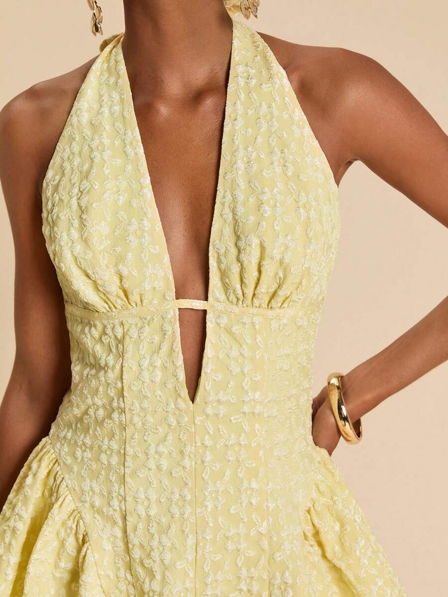 Travachic Vestido romántico de vacaciones con escote halter y espalda descubierta de jacquard - Amarillo - Ver 1
