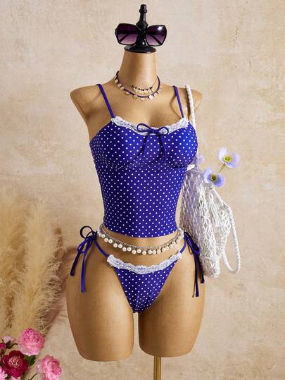 Bellisia Women's 2 Pieces Polka Dot Random Print Summer Cute Lace Trim Spaghetti Strap Tankini Swimsuit With Side Tie, Slimming