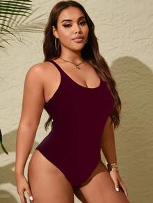 Swim Lushoire Plus Size Basic Round Neck Backless One-Piece Swimsuit - Burgundy - View 5
