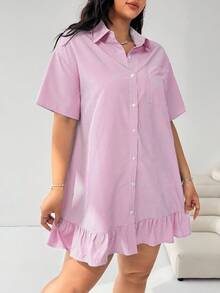 Solflare Navy Blue & White Striped Short Sleeve Ruffle Hem Splice Loose Fit Plus Size Casual Dress, Suitable For Commuting, Back To School, Daily Casual, Dating, Outing - Hot Pink - View 5