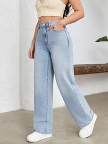 SHEIN Tall Quần jeans nữ cạp cao, có túi, ống rộng, dáng suông, thoải mái, đa năng. - Rửa nhẹ - Xem 3