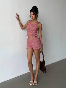 Aloruh 女士格子印花扭结圆领上衣和短裤休闲两件套 - 紅色 - 查看 6