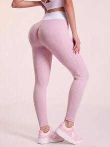 SHEIN Sovereign Charm High Waist Slim Fit Casual Striped Versatile Fitness Leggings - Pink - View 4