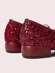 CUCCOO DOLLMOD Giày nữ mũi tròn, trang trí nơ, màu đỏ tía, đính sequin lấp lánh, dễ thương, đế dày, đế thấp, kiểu Mary Jane. - Màu Đỏ Sâu - Xem 5