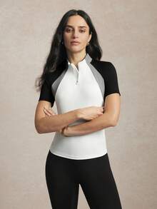 Activina Atasan Berkuda Wanita dengan Kerah Tegak dan Resleting Setengah, Jaket Kasual Lengan Raglan Pas Badan dengan Bahan Elastis Empat Arah yang Ramah Kulit - Putih - View 3