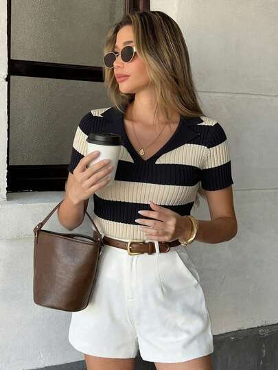 Pariaura Blusa de punto con cuello polo a rayas de contraste, estilo de calle francés de manga corta para el verano