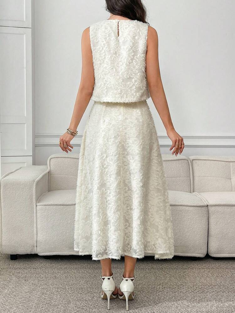 Women's Elegant Round Neck Top & Midi Skirt 2 Pieces Set,Summer Outfit For Women,Festival Outfits For Women,Elegant Set For Women,White Set For Women