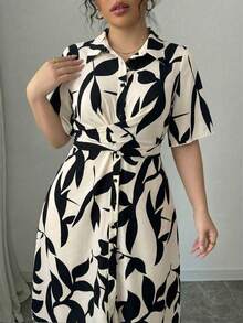 Elenzga Plus Size Casual Printed Short Sleeve Shirt Collar Dress - Apricot - View 4