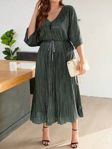 SHEIN Frenchy Đầm dài xếp ly giản dị tối giản màu đen cỡ lớn cho nữ - xanh quân đội - Xem 6