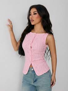 SHEIN PETITE Áo sơ mi nữ không tay, họa tiết hình học, cài một hàng khuy, chất liệu co giãn nhẹ, kiểu dáng ôm sát, thanh lịch và thời trang cho công sở, áo hai dây đơn giản, thoải mái hàng ngày, thích hợp cho mùa xuân/hè, áo không tay, kiểu cổ điển, trang phục phương Tây cho nữ. - Hồng - Xem 7