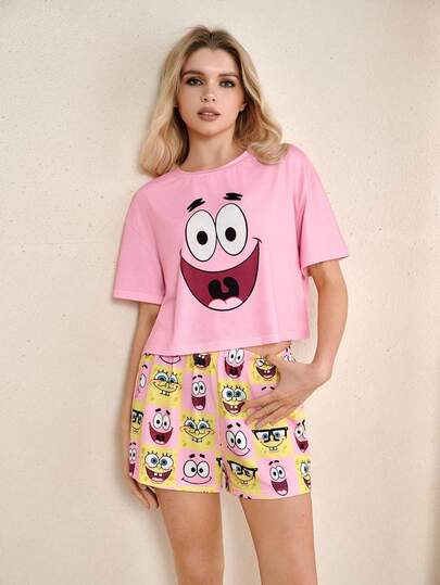 SpongeBob SquarePants | SHEIN Women's Cartoon Print Round Neck Short Sleeve Top And Shorts Casual Loungewear Set