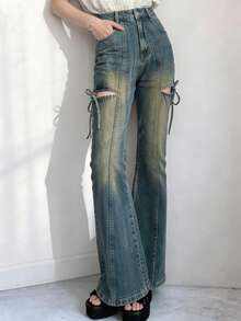 FRIFUL Quần jeans nữ ống loe buộc dây, kiểu dáng thường ngày, chất liệu vải denim mài, có lỗ thoáng khí. - Màu xanh lam - Xem 6