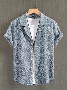Manfinity Homme Men's Floral Jacquard Single-Breasted Short Sleeve Shirt - Blue - View 3