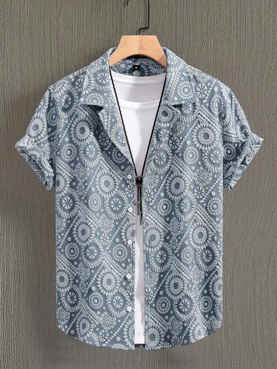 Manfinity Homme Men's Floral Jacquard Single-Breasted Short Sleeve Shirt