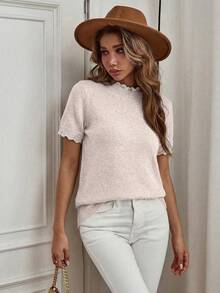 EMERY ROSE Elegante suéter de punto de manga corta con cuello redondo y adorno de encaje en color albaricoque, adecuado para ir al trabajo, estar en casa y uso diario, primavera/verano - Rosa vieja - Ver 4