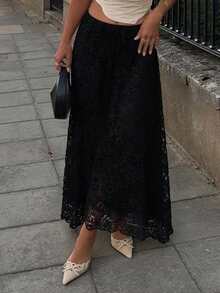 FRIFUL Women's Elegant Embroidered A-Line Skirt - Black - View 12