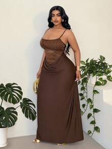 Maweii Plus Size Women's Spaghetti Strap Solid Color Elastic High Tolerance Fabric Patchwork Lace Sheer Sexy High Slit Dress, Elegant, Fashionable, Casual, Commute, Business Office New Dresses 2026 Women's Dress Formal Wear Women Party Dress Wow Dress Luxury Dresses For Women Brown Dresses For Women Elegant Party Body Fit Long Dress Women's Dress Formal Wear New Dress 2026 Spaghetti Strap Dress Brown Long Dresses For Ladies Brown Lace Dress Brown Dresses For Curve Brown Maxi Dress - Brown - View 6