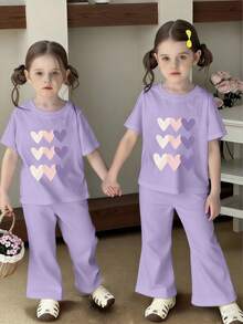 SHEIN 2pcs/Set Baju Anak Perempuan Ungu & Celana Lebar, Motif Hati, Gaya Putri yang Imut, Nyaman untuk Musim Semi, Musim Panas, Musim Gugur, Musim Dingin - MultiWarna - View 3