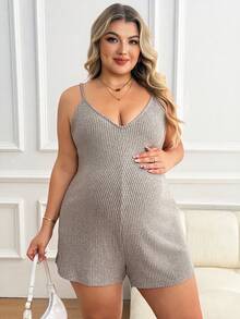 Plussiva 孕妇加大码纯色罗纹休闲连体衣 - 卡其色 - 查看 9