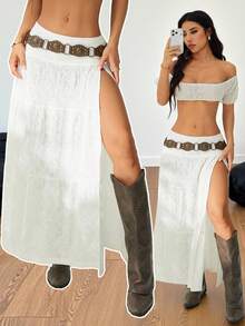 SHEIN PETITE Women's Vintage Solid Color Textured High Slit Skirt, Summer - White - View 9