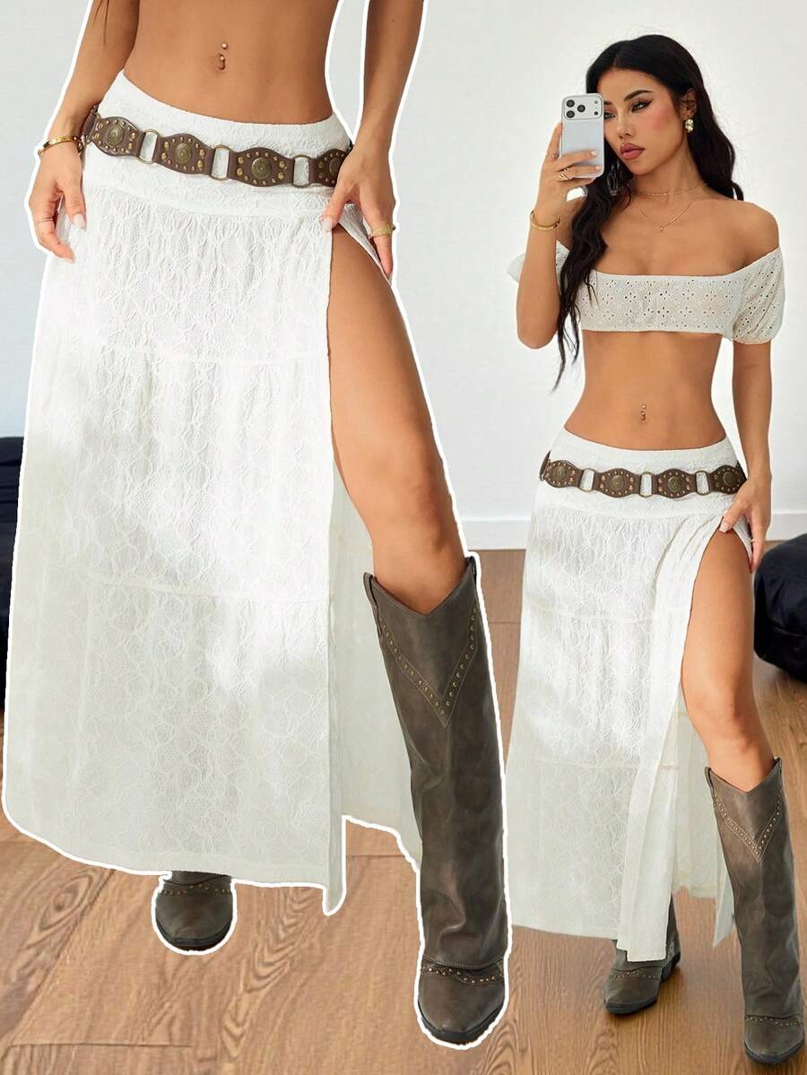 SHEIN PETITE Women's Vintage Solid Color Textured High Slit Skirt, Summer - White - View 1