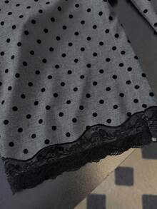 GlowEve 女士时尚休闲波点印花蕾丝拼接松紧腰宽松直筒裤，适合日常穿着 - 灰色 - 查看 4