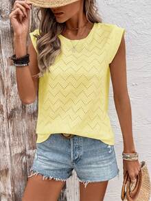 EMERY ROSE Summer Casual Solid Color Textured Wide Shoulder T-Shirt Travel Soft Yellow - Yellow - View 5