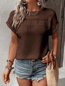 Breezaya Camisa casual de mujer con cuello redondo, manga corta y encaje de contraste para vacaciones - Café integral - Ver 6