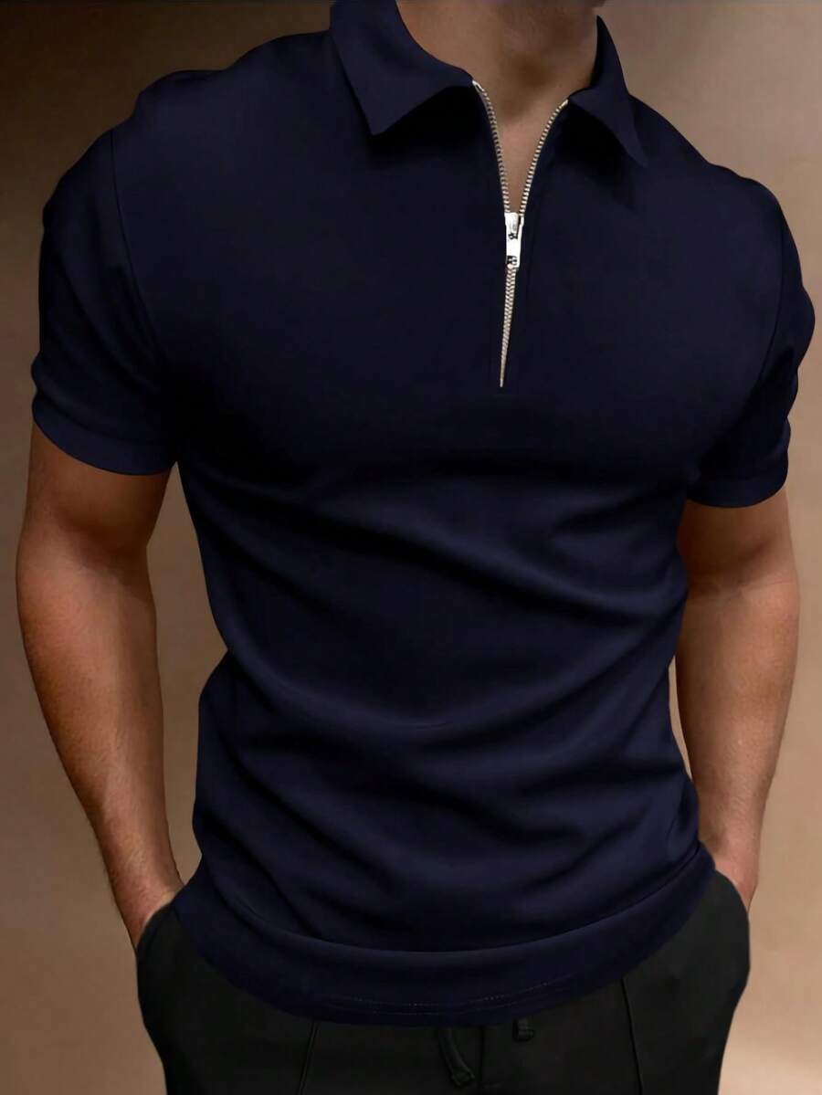 Calvornis 男士半開襟修身短袖休閒百搭日常 Polo 衫,附拉鍊修身高爾夫 Polo 衫,適用於正式場合與儀式 - 藏蓝色 - 查看 1