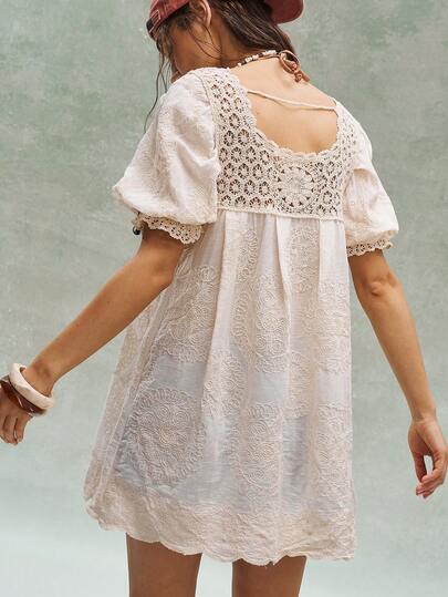 Bohemela 女士夏季针织度假衬衫，方领优雅长款刺绣蕾丝复古套头衫