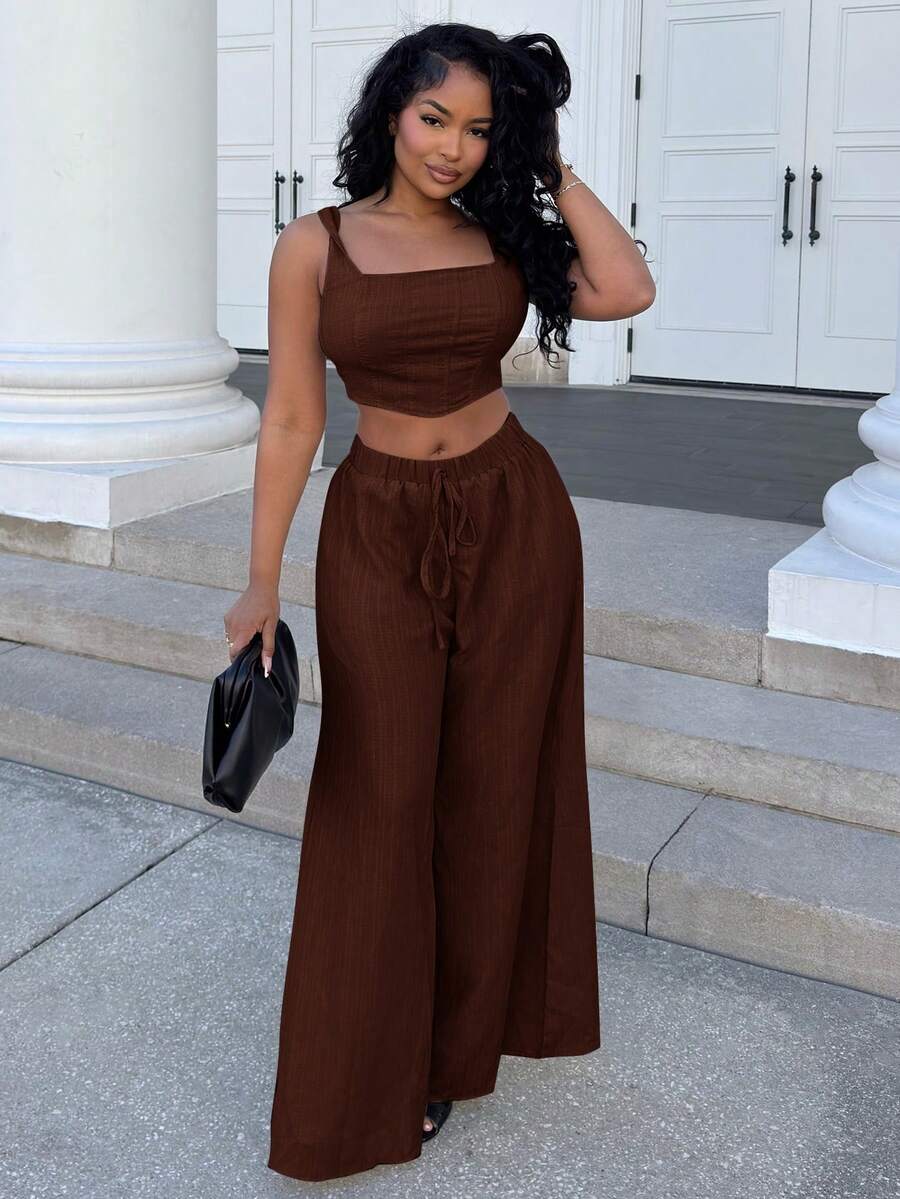 Alexandranx New Spring/Summer Vacation Casual Fishbone Suspender Pants & Wide Leg Trousers With Pockets 2 Pieces Textured Fabric Set - B Tan Two Piece Set Linen Two Piece Set - Coffee Brown - View 1