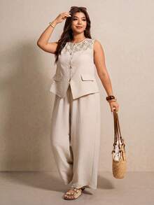 Elaquor Plus Size 2 Pieces Set,Lace Trim Collar Round Neck Shirt & Wide Leg Pants Beige,Summer,Smart Casual,Vacation,Holiday Elegant Commuter Business Outfits - Apricot - View 8