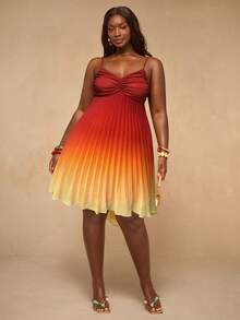 SHEIN BAE Plus Size Women's Ombre Ruched Cami Dress,Elegant Red Summer Satin Party Gradient Pleated V Neck Mini Sundress With Spaghetti Straps For Vacation - Multicolor - View 8
